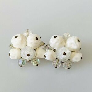 Western Germany Earrings Clip On Earring White Beaded Signed